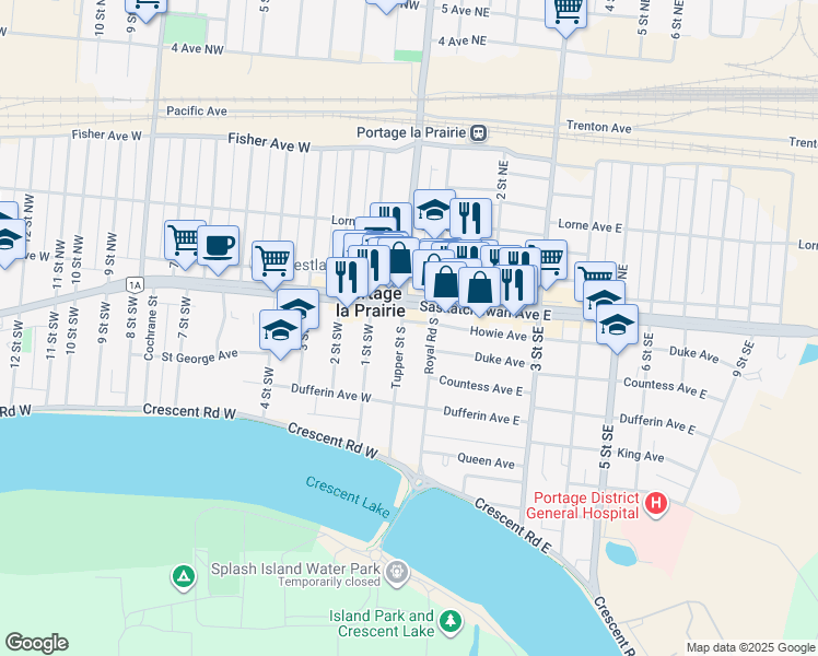 map of restaurants, bars, coffee shops, grocery stores, and more near 7 Saskatchewan Avenue West in Portage la Prairie