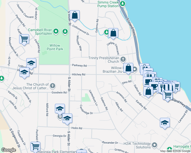 map of restaurants, bars, coffee shops, grocery stores, and more near 303 Hilchey Road in Campbell River