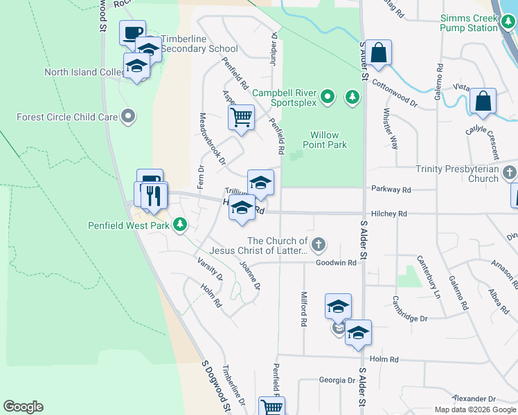 map of restaurants, bars, coffee shops, grocery stores, and more near 500 Hilchey Road in Campbell River