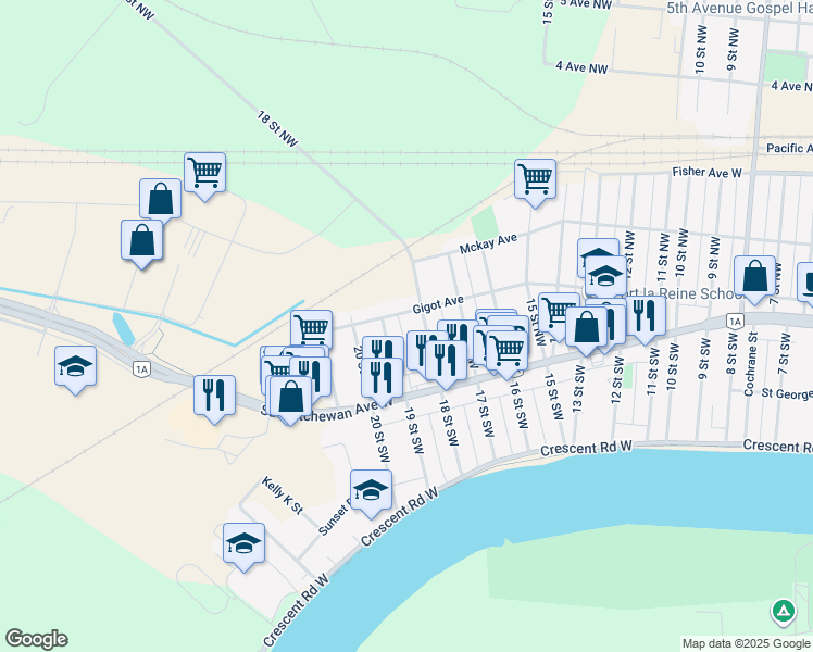 map of restaurants, bars, coffee shops, grocery stores, and more near 75 18 Street Northwest in Portage la Prairie