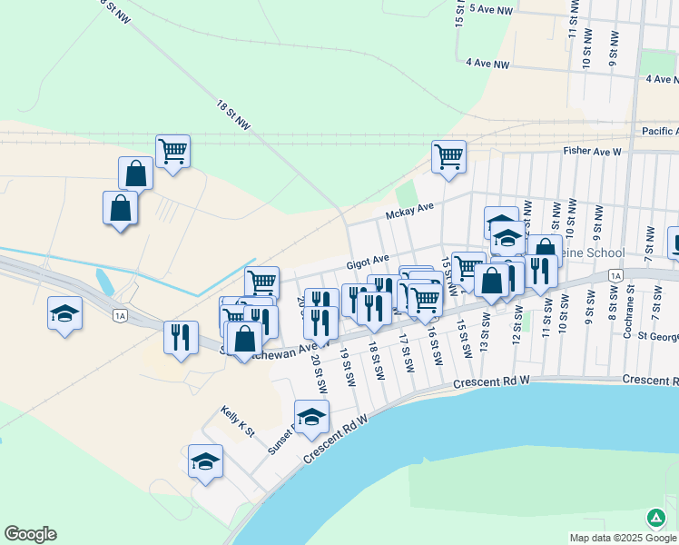 map of restaurants, bars, coffee shops, grocery stores, and more near 75 18 Street Northwest in Portage la Prairie