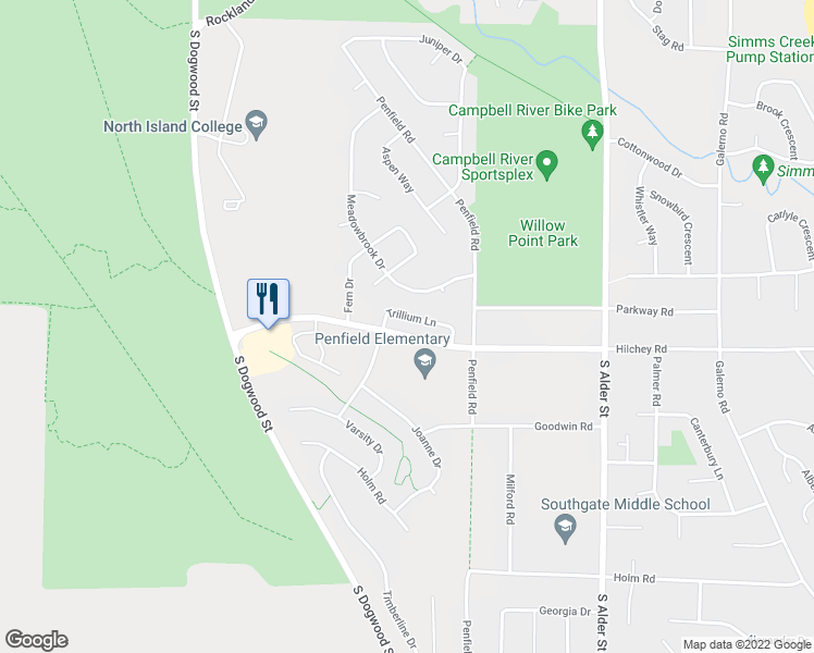 map of restaurants, bars, coffee shops, grocery stores, and more near 564 Hilchey Road in Campbell River