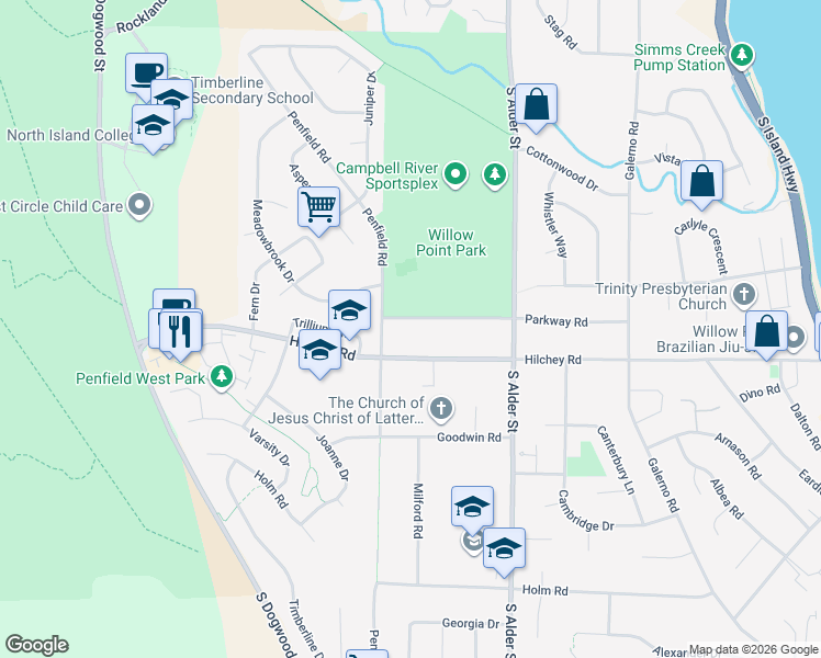 map of restaurants, bars, coffee shops, grocery stores, and more near 489 Parkway Road in Campbell River