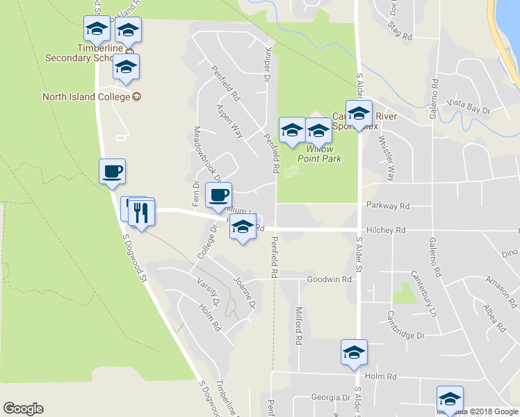map of restaurants, bars, coffee shops, grocery stores, and more near 500 Hilchey Road in Campbell River