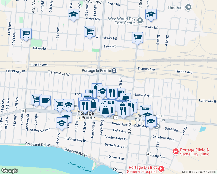 map of restaurants, bars, coffee shops, grocery stores, and more near 107 Charlton Avenue in Portage la Prairie