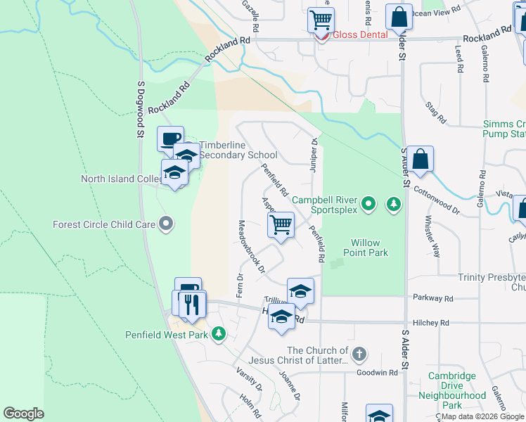 map of restaurants, bars, coffee shops, grocery stores, and more near 1728 Aspen Way in Campbell River