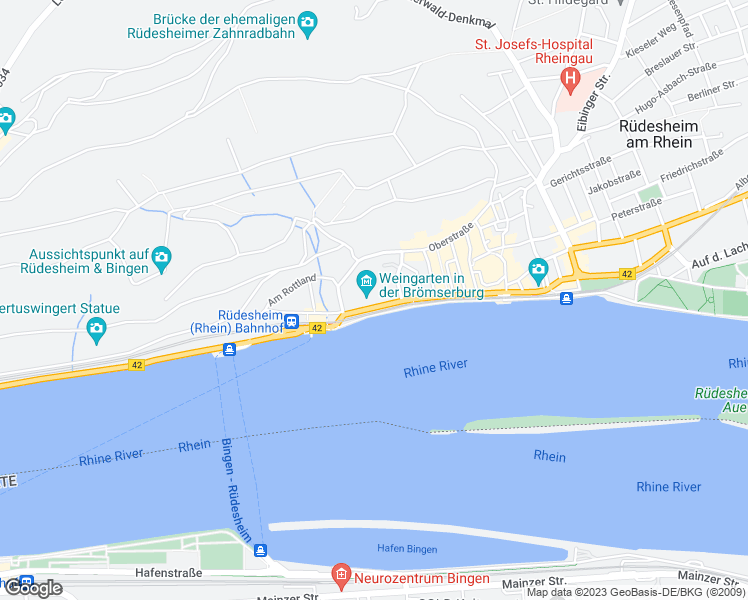 map of restaurants, bars, coffee shops, grocery stores, and more near 2 Rheinstraße in Rüdesheim am Rhein