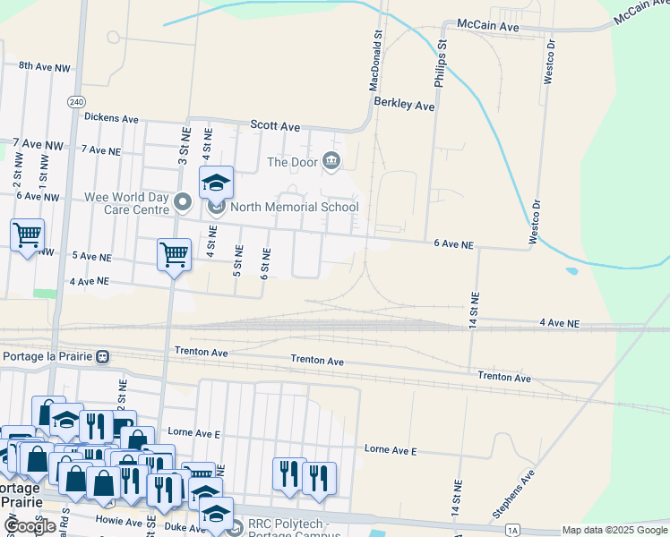 map of restaurants, bars, coffee shops, grocery stores, and more near 526 Hazel Bay in Portage la Prairie