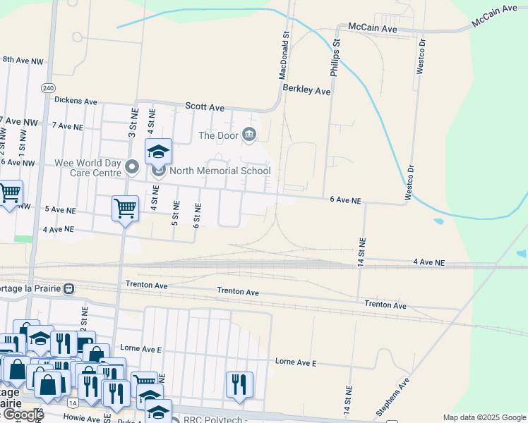 map of restaurants, bars, coffee shops, grocery stores, and more near 526 Hazel Bay in Portage la Prairie
