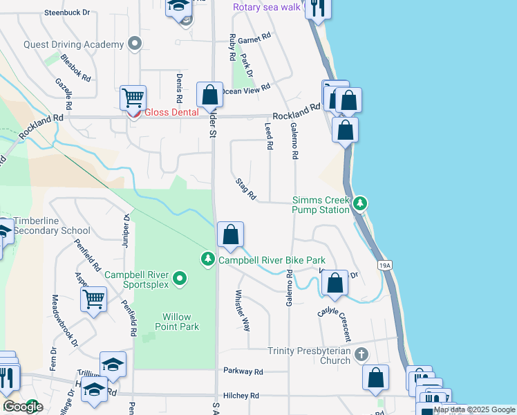 map of restaurants, bars, coffee shops, grocery stores, and more near 1570 Stag Road in Campbell River