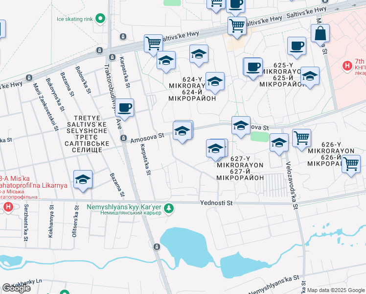 map of restaurants, bars, coffee shops, grocery stores, and more near 20 Amosova Street in Kharkiv
