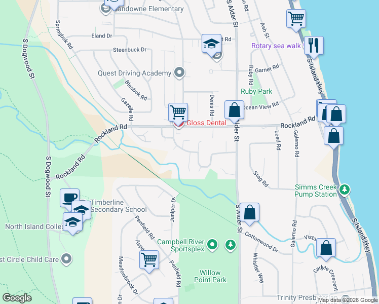 map of restaurants, bars, coffee shops, grocery stores, and more near 1335 Creekside Way in Campbell River
