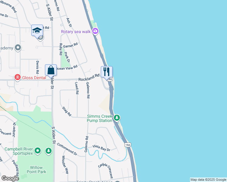 map of restaurants, bars, coffee shops, grocery stores, and more near in Campbell River