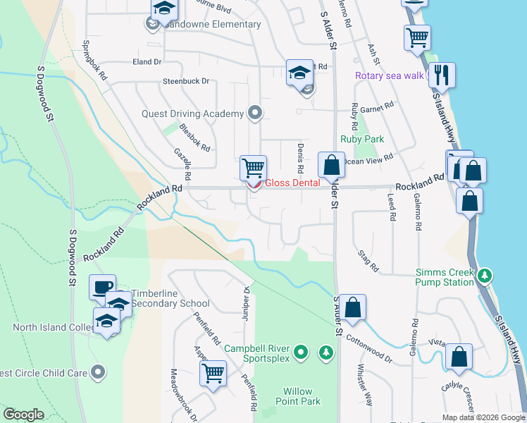 map of restaurants, bars, coffee shops, grocery stores, and more near 1335 Creekside Way in Campbell River