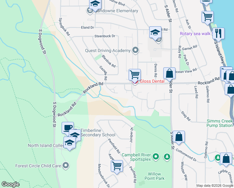 map of restaurants, bars, coffee shops, grocery stores, and more near 605 Rockland Road in Campbell River