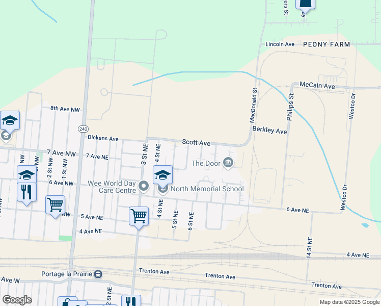 map of restaurants, bars, coffee shops, grocery stores, and more near 742 Poplar Bay in Portage la Prairie
