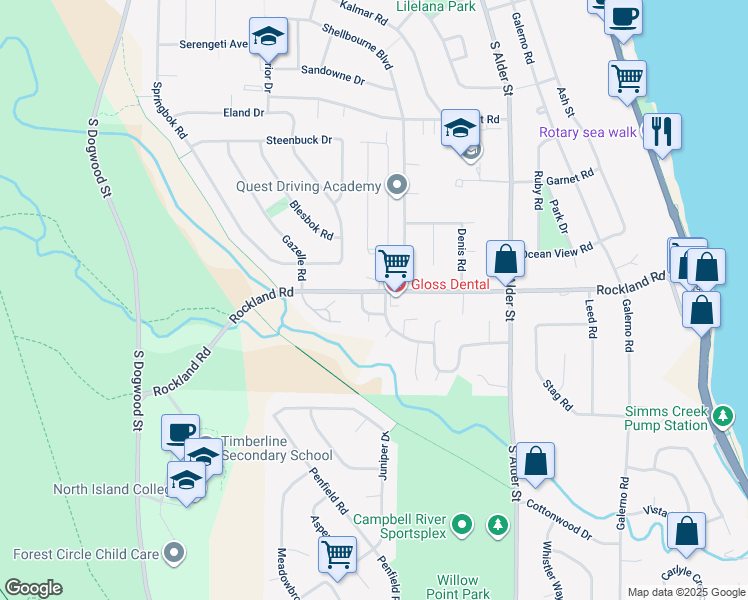 map of restaurants, bars, coffee shops, grocery stores, and more near 535 Rockland Road in Campbell River