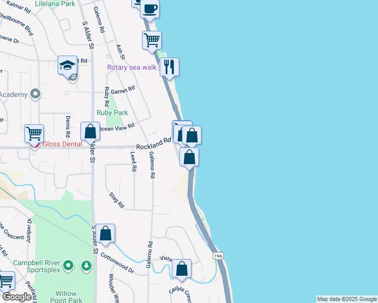 map of restaurants, bars, coffee shops, grocery stores, and more near 1324 South Island Highway in Campbell River