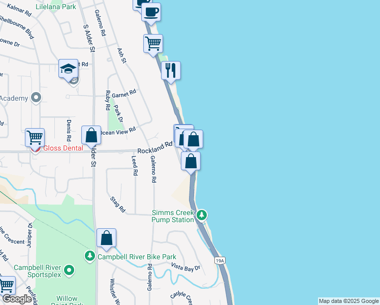 map of restaurants, bars, coffee shops, grocery stores, and more near 1324 South Island Highway in Campbell River