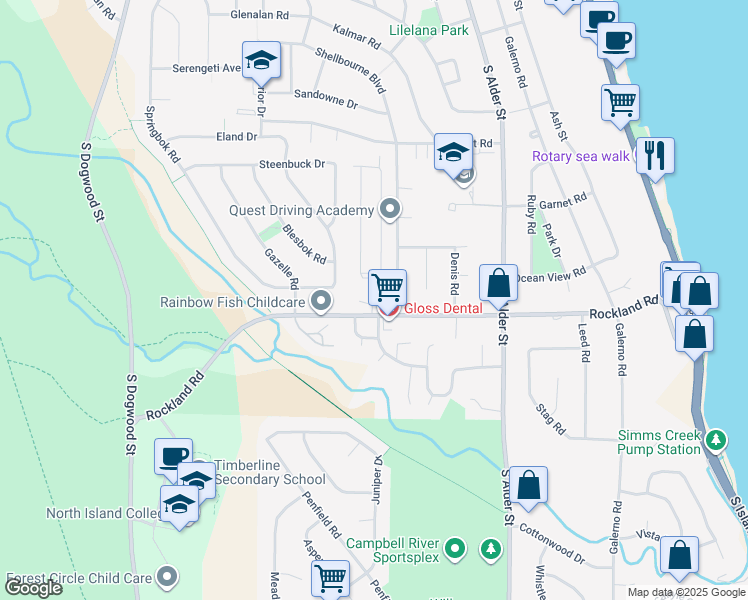 map of restaurants, bars, coffee shops, grocery stores, and more near 530 Rockland Road in Campbell River