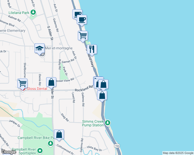map of restaurants, bars, coffee shops, grocery stores, and more near 1266 South Island Highway in Campbell River