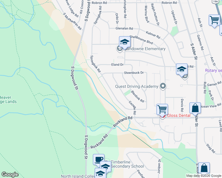 map of restaurants, bars, coffee shops, grocery stores, and more near 1107 Gazelle Road in Campbell River