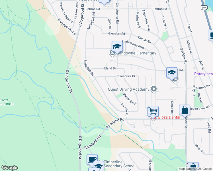 map of restaurants, bars, coffee shops, grocery stores, and more near 1107 Gazelle Road in Campbell River