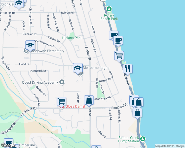 map of restaurants, bars, coffee shops, grocery stores, and more near 1059 South Alder Street in Campbell River