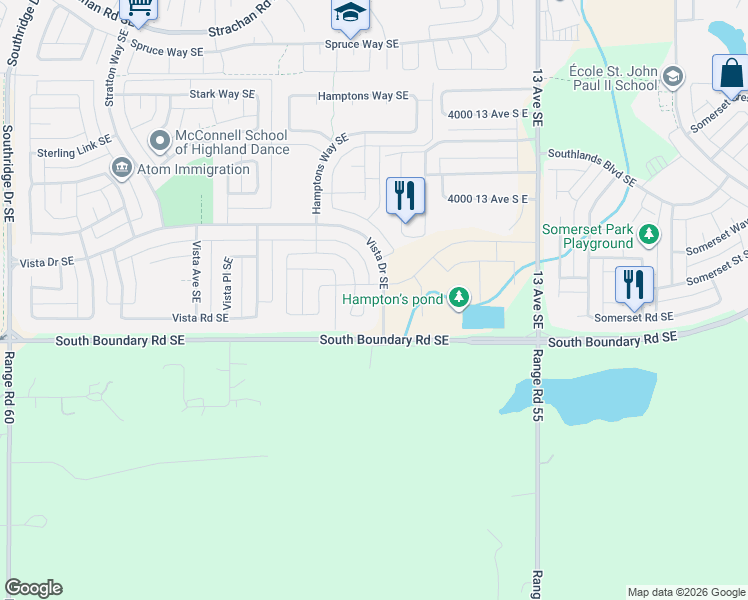 map of restaurants, bars, coffee shops, grocery stores, and more near 628 Vista Drive Southeast in Medicine Hat