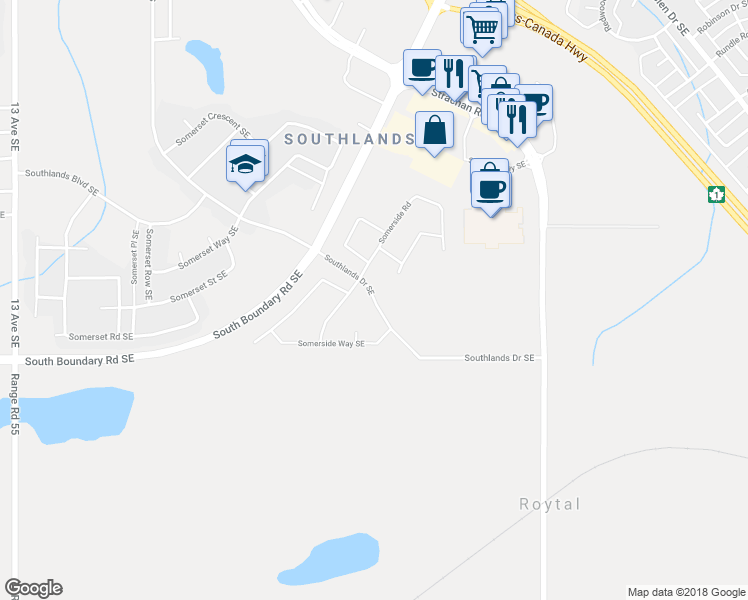 map of restaurants, bars, coffee shops, grocery stores, and more near 5212 Southlands Drive Southeast in Medicine Hat