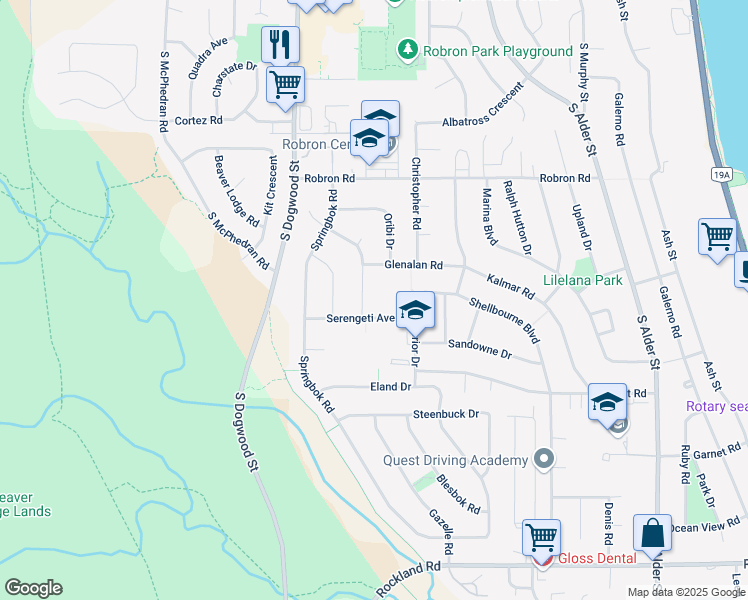 map of restaurants, bars, coffee shops, grocery stores, and more near 704 Gemsbok Drive in Campbell River