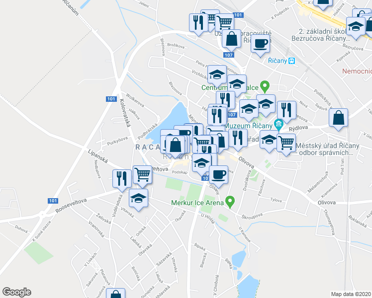 map of restaurants, bars, coffee shops, grocery stores, and more near 27 Masarykovo náměstí in Říčany