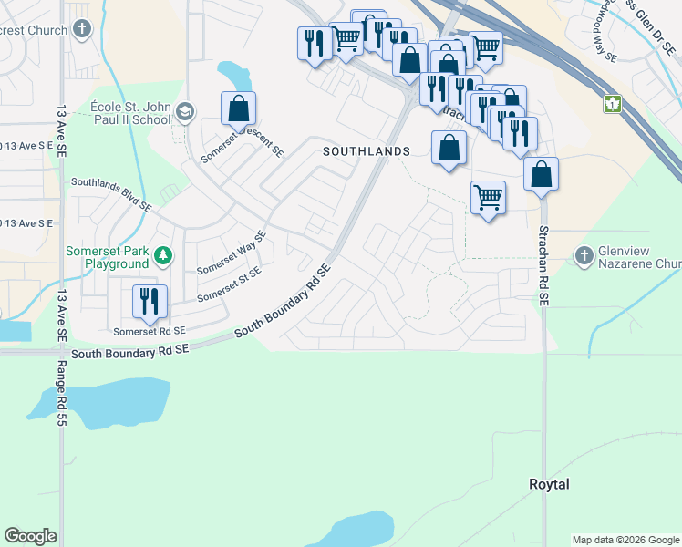 map of restaurants, bars, coffee shops, grocery stores, and more near 32 Somerside Way Southeast in Medicine Hat