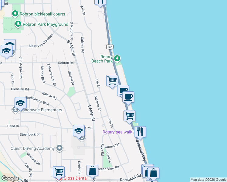map of restaurants, bars, coffee shops, grocery stores, and more near in Campbell River