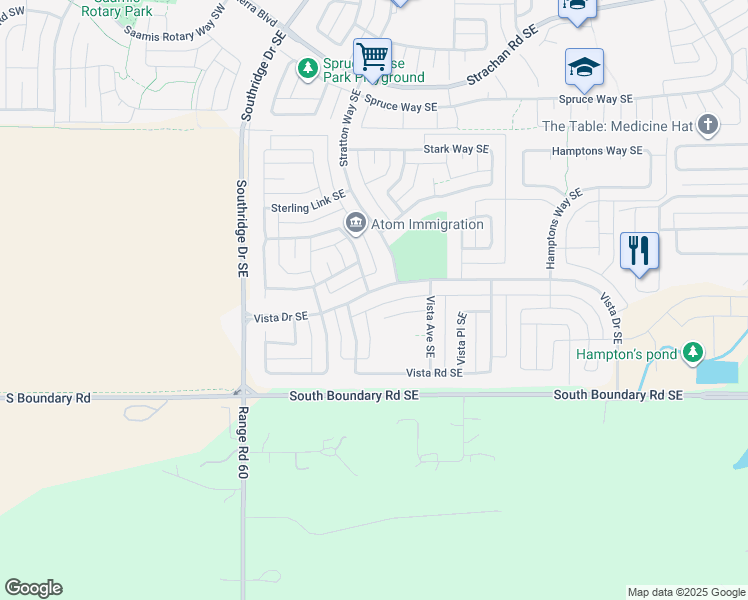 map of restaurants, bars, coffee shops, grocery stores, and more near 411 Vista Drive Southeast in Medicine Hat