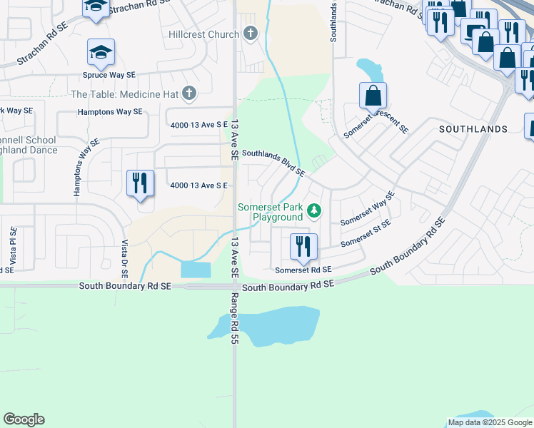 map of restaurants, bars, coffee shops, grocery stores, and more near 76 Somerset Road Southeast in Medicine Hat
