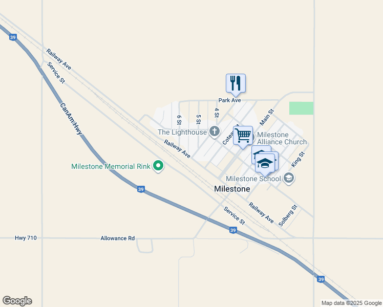 map of restaurants, bars, coffee shops, grocery stores, and more near 101 Souris Street in Milestone