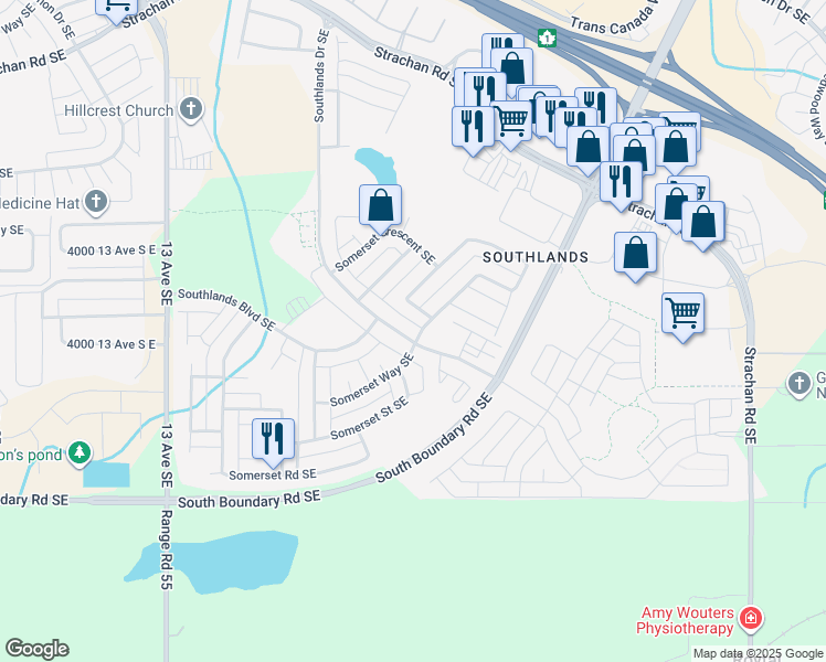 map of restaurants, bars, coffee shops, grocery stores, and more near 4933 Southlands Drive Southeast in Medicine Hat