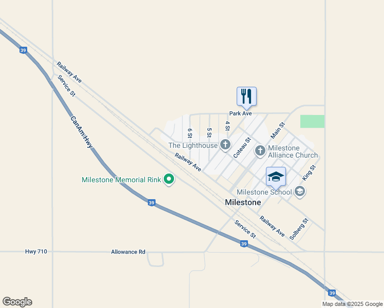 map of restaurants, bars, coffee shops, grocery stores, and more near 101 Souris Street in Milestone