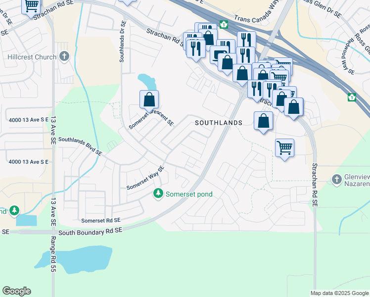 map of restaurants, bars, coffee shops, grocery stores, and more near 98 Somerset Lane Southeast in Medicine Hat