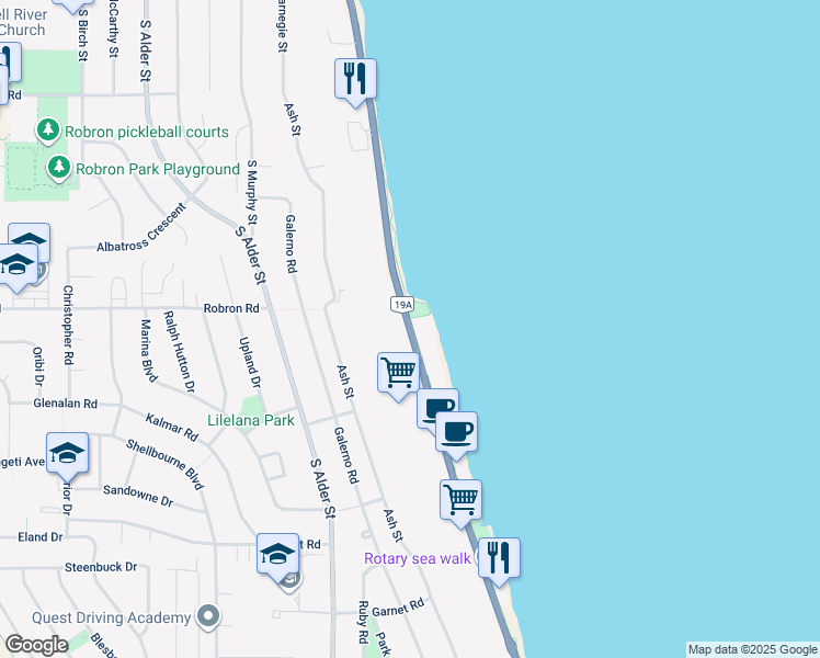 map of restaurants, bars, coffee shops, grocery stores, and more near British Columbia 19A in Campbell River