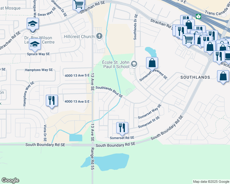 map of restaurants, bars, coffee shops, grocery stores, and more near Southland Boulevard Southeast in Medicine Hat