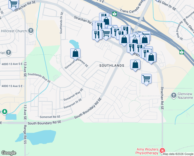 map of restaurants, bars, coffee shops, grocery stores, and more near 93 Somerset Lane Southeast in Medicine Hat