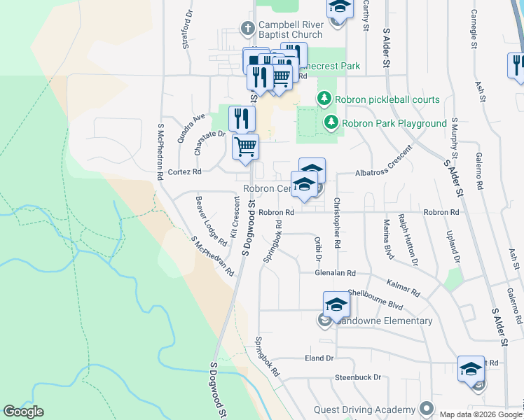map of restaurants, bars, coffee shops, grocery stores, and more near 798 Robron Road in Campbell River