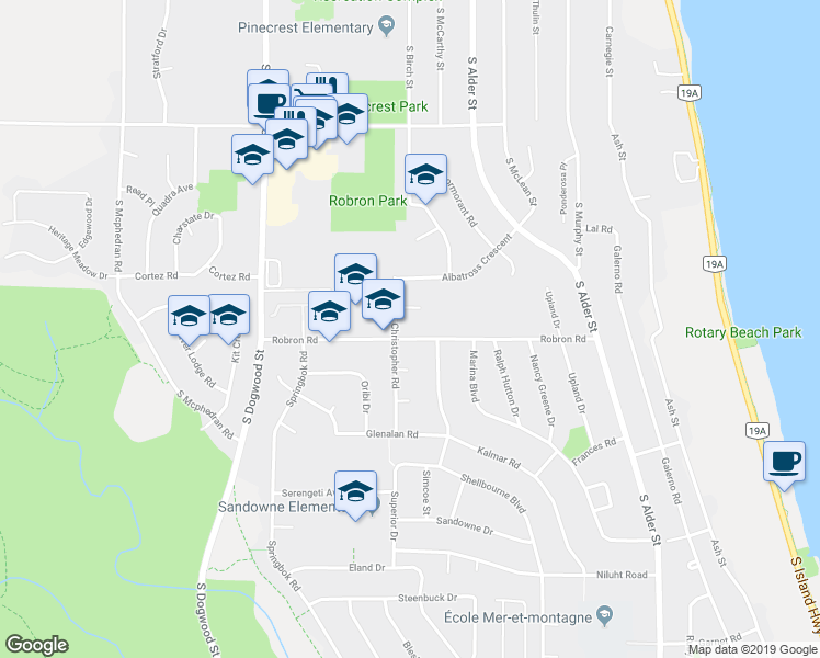 map of restaurants, bars, coffee shops, grocery stores, and more near 684 Robron Road in Campbell River
