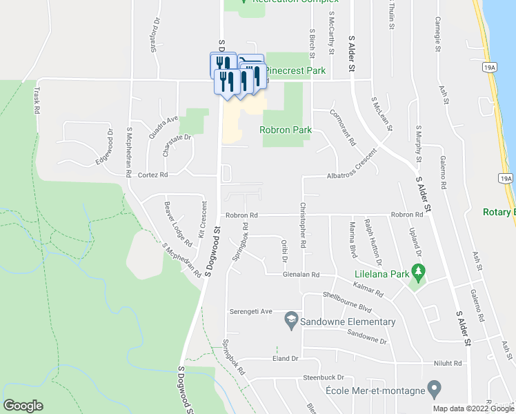 map of restaurants, bars, coffee shops, grocery stores, and more near 758 Robron Road in Campbell River