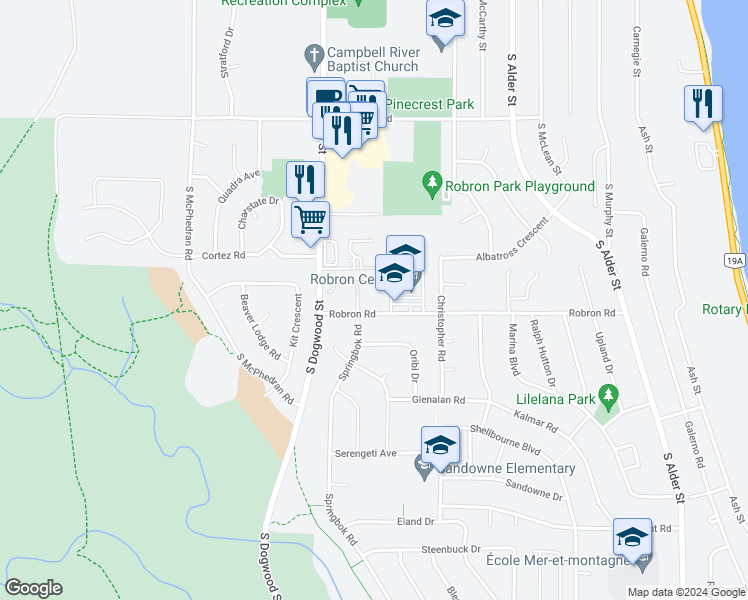 map of restaurants, bars, coffee shops, grocery stores, and more near 758 Robron Road in Campbell River