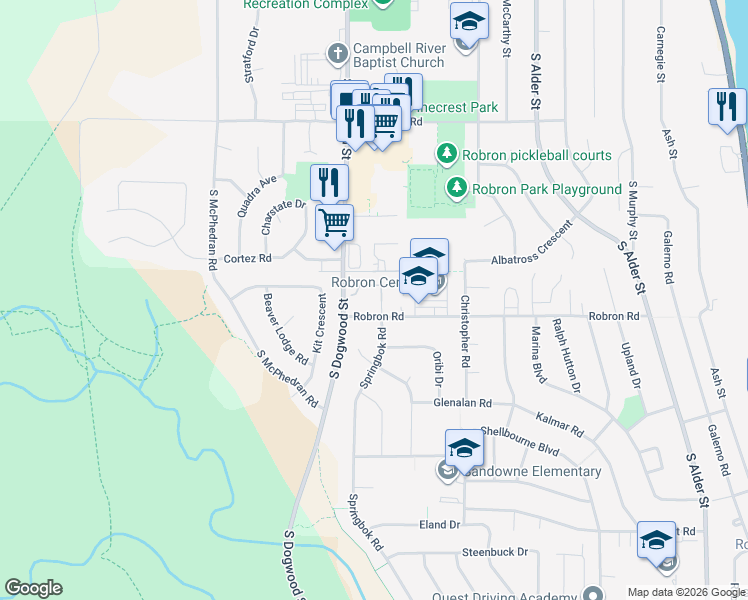 map of restaurants, bars, coffee shops, grocery stores, and more near 798 Robron Road in Campbell River