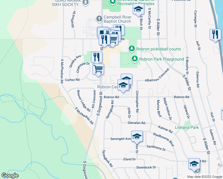 map of restaurants, bars, coffee shops, grocery stores, and more near 758 Robron Road in Campbell River
