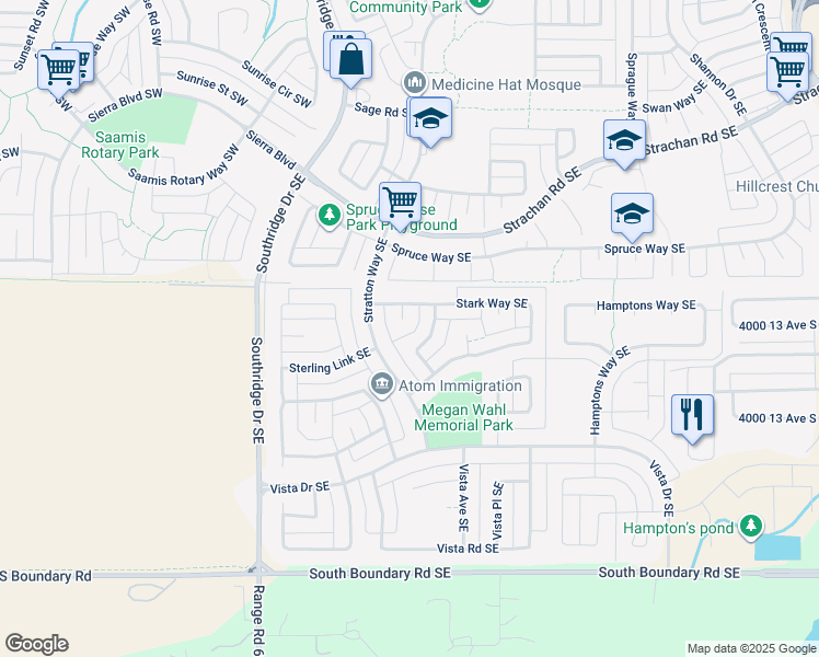 map of restaurants, bars, coffee shops, grocery stores, and more near 23 Stark Court Southeast in Medicine Hat